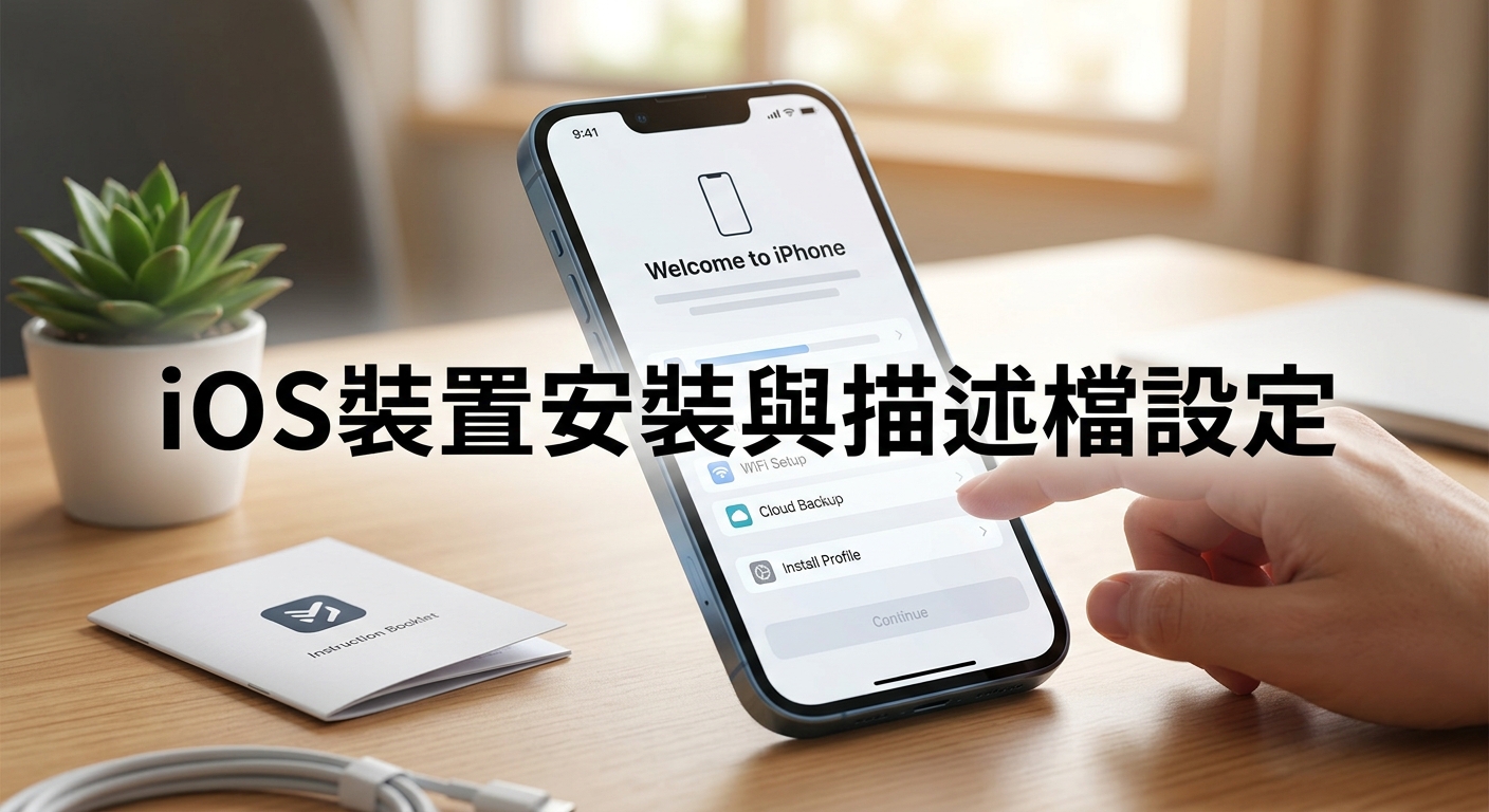 這張圖片展示了一部正在進行 Initial Setup 的 iPhone,螢幕上記錄著相關設定步驟。 畫面上方疊加著醒目的繁體中文標題「iOS裝置安裝與描述檔設定」。