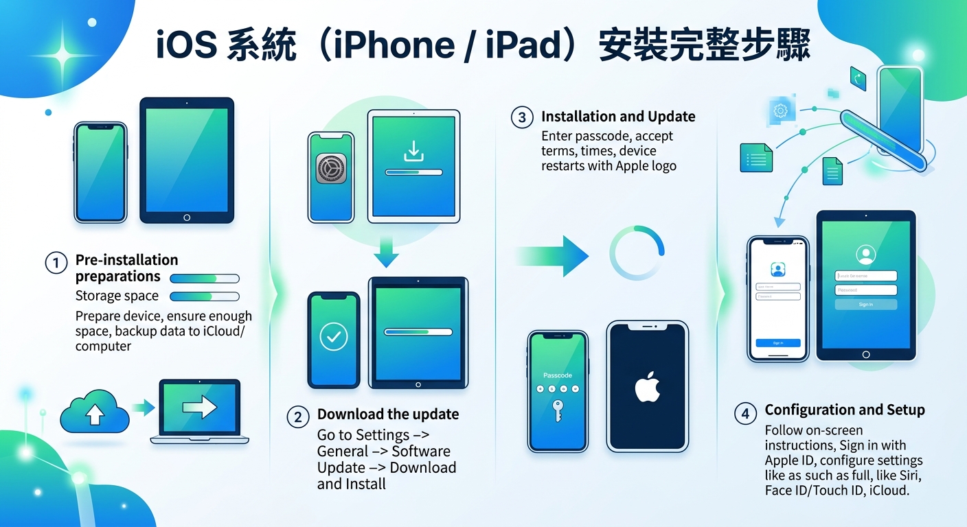 這張圖解以簡潔現代的風格呈現了 iOS 系統(iPhone / iPad)的完整安裝步驟,包含備份、下載更新、安裝重啟與設定。 畫面上方標有「iOS 系統(iPhone / iPad)安裝完整步驟」標題,並搭配清晰的圖示與流程導引。