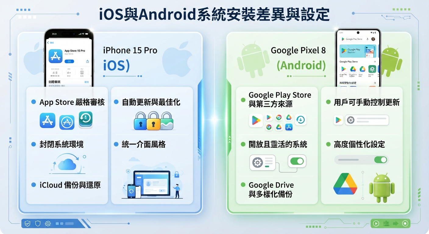 圖片上方顯示主標題「iOS與Android系統安裝差異與設定」,左右兩側分別對比並圖解了兩大系統的介面、安裝機制與備份特色。